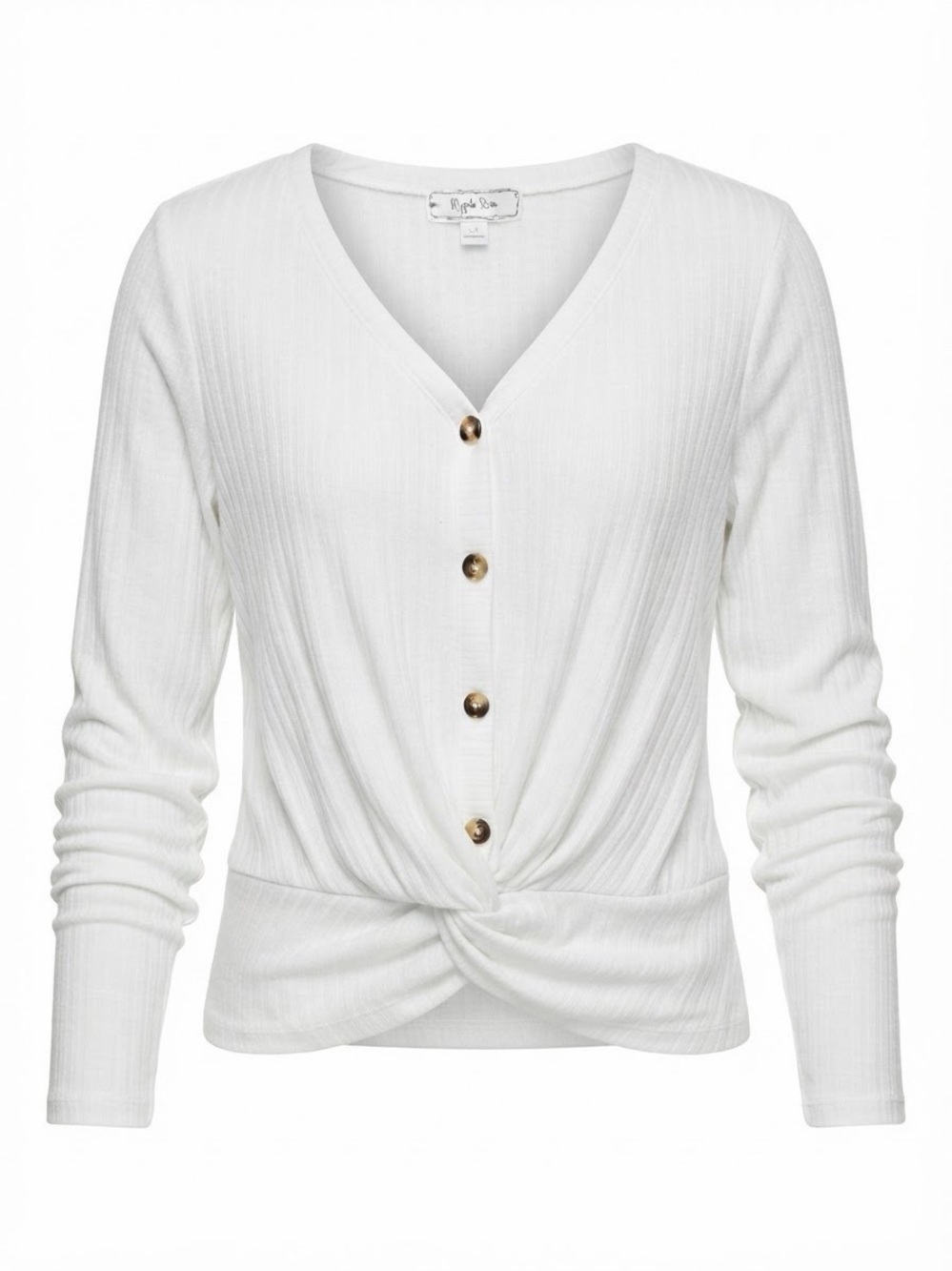 Hippie Rose White Ribbed V-Neck Button Knot-Front Blouse